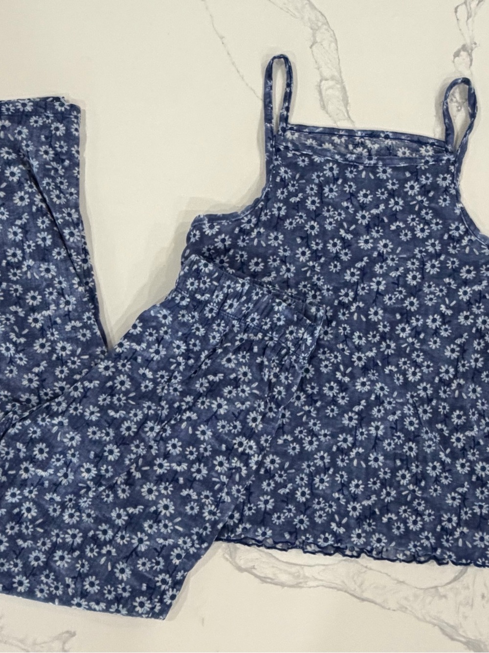 Lands' End Girls Pajama Set Size Large (14/16) Blue Daisy Cami Tank & Pants 2-Pc